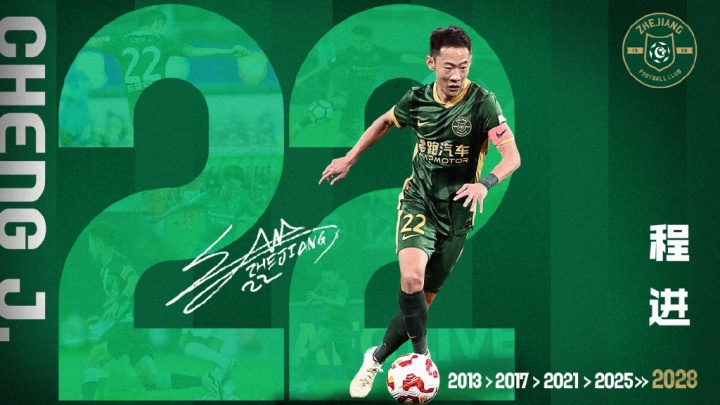 官方：浙江队续约30岁中场程进，新合同持续至2028赛季